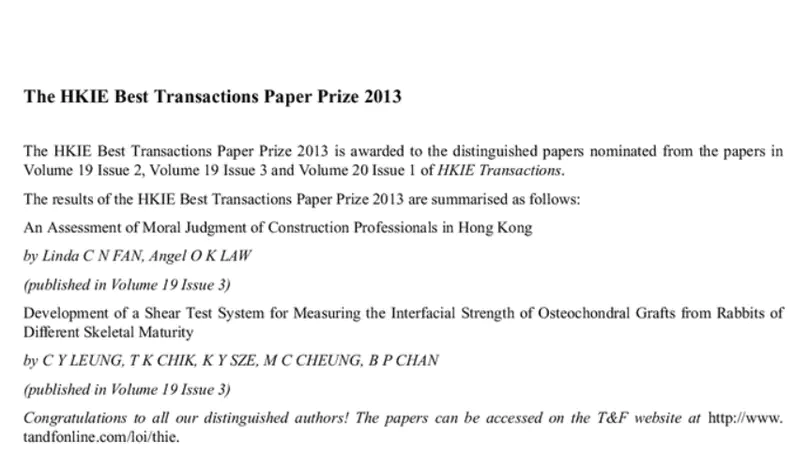 Simon and Daniel Win the HKIE Best Transactions Paper Prize 2013